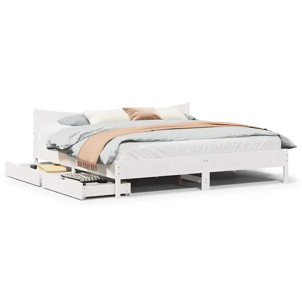Cadre de lit avec tiroirs blanc 200x200 cm bois massif de pin
