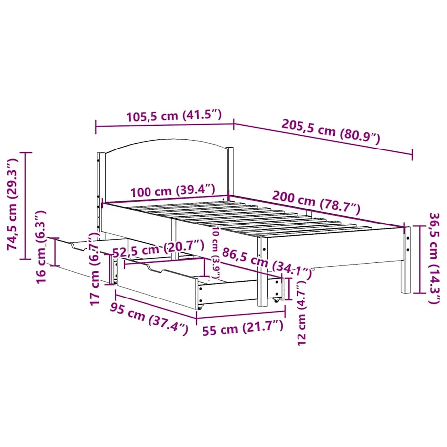 Cadre de lit sans matelas 100x200 cm bois massif de pin - 11