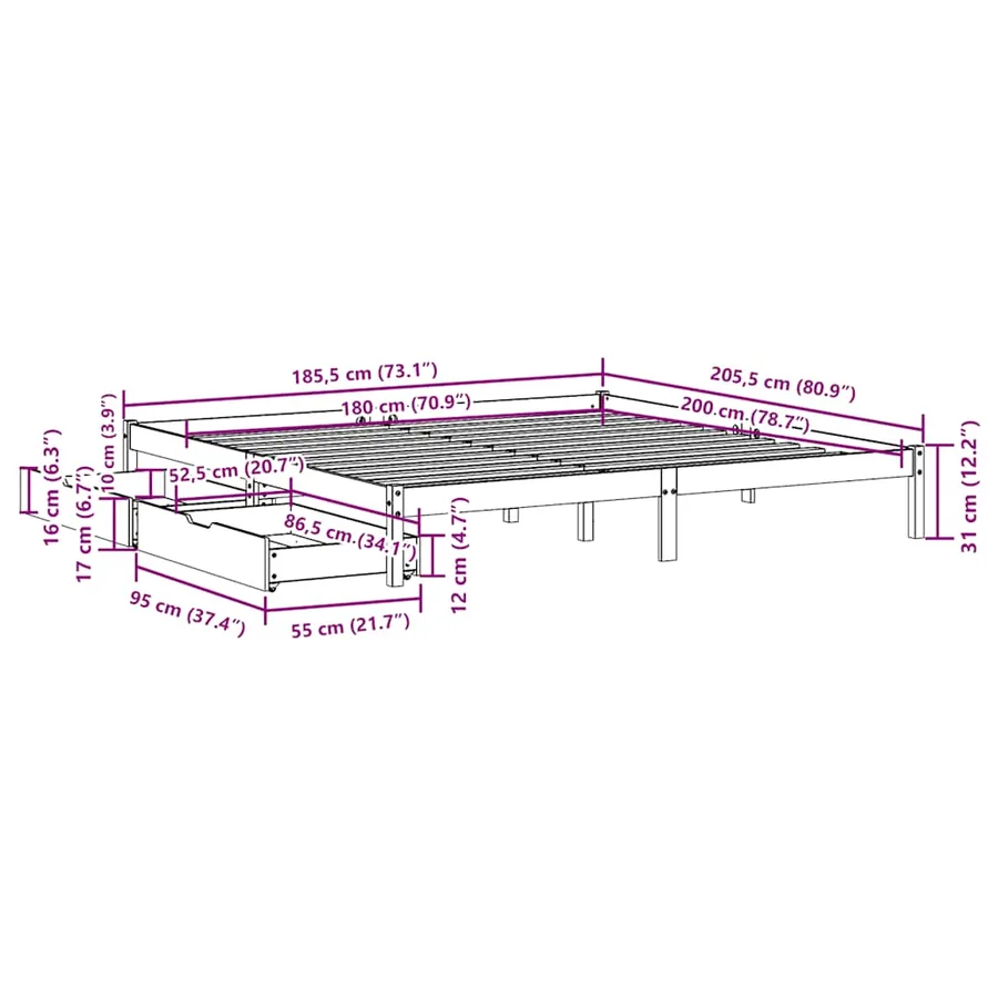 Cadre de lit sans matelas 180x200 cm bois massif de pin - 11
