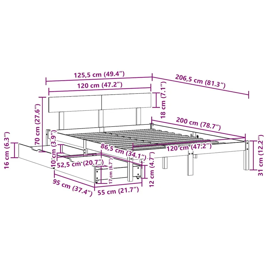 Cadre de lit sans matelas blanc 120x200 cm bois de pin massif - 11
