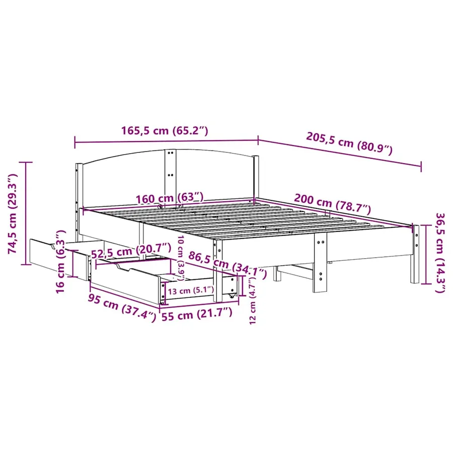 Cadre de lit sans matelas 160x200 cm bois massif de pin - 11