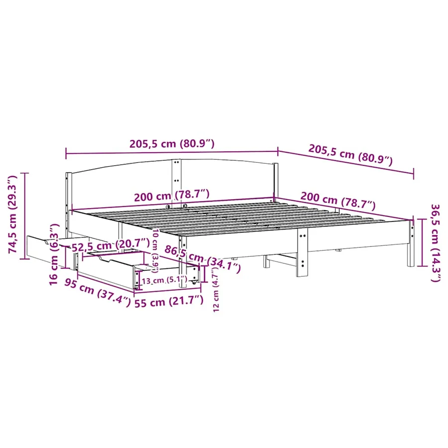 Cadre de lit sans matelas blanc 200x200 cm bois massif de pin - 11