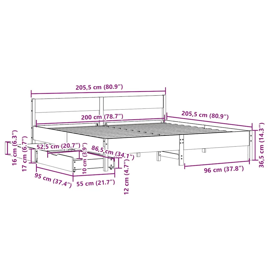 Cadre de lit sans matelas blanc 200x200 cm bois massif de pin - 12