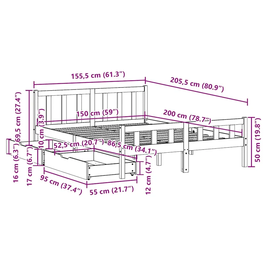 Cadre de lit sans matelas cire marron 150x200cm bois pin massif - 11