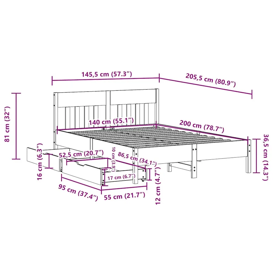 Cadre de lit sans matelas cire marron 140x200cm bois pin massif - 11