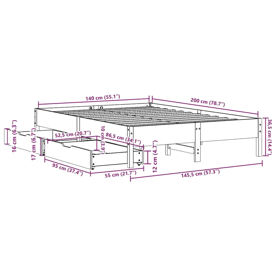 Cadre de lit sans matelas cire marron 140x200cm bois pin massif - 11