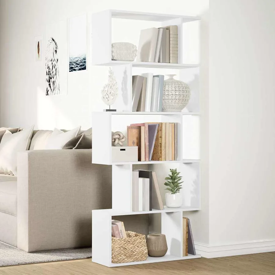 Bibliothèque séparateur de pièce à 5 niveaux Blanc 70 x 24 x 161 cm Bois d'ingénierie - 4