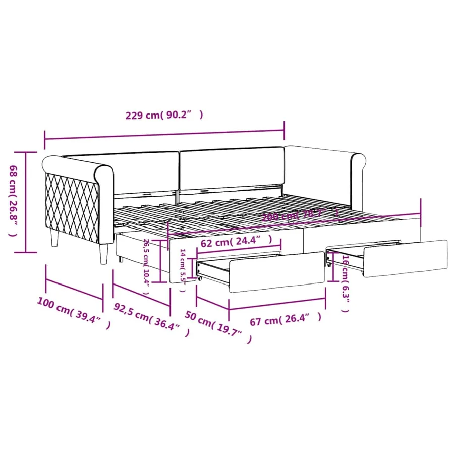 Lit de jour avec gigogne et tiroirs sans matelas 90x200 cm - 12