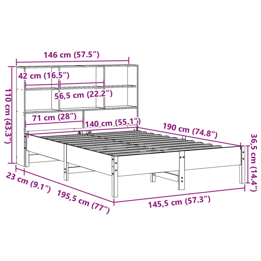 Lit bibliothèque sans matelas blanc 140x190 cm bois pin massif - 11