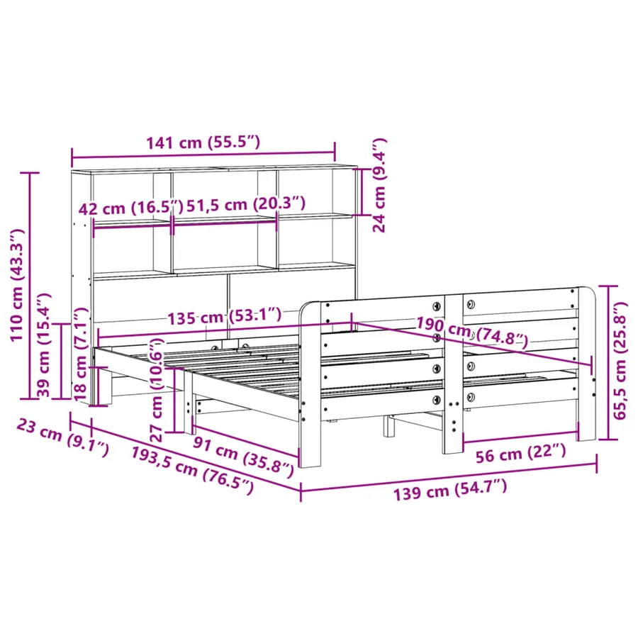 Cadre de lit sans matelas cire marron 135x190cm bois pin massif - 11