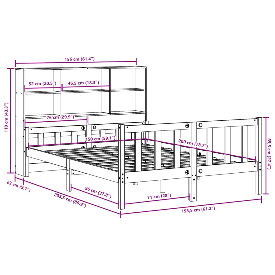 Lit bibliothèque sans matelas blanc 160x200 cm bois pin massif - 12