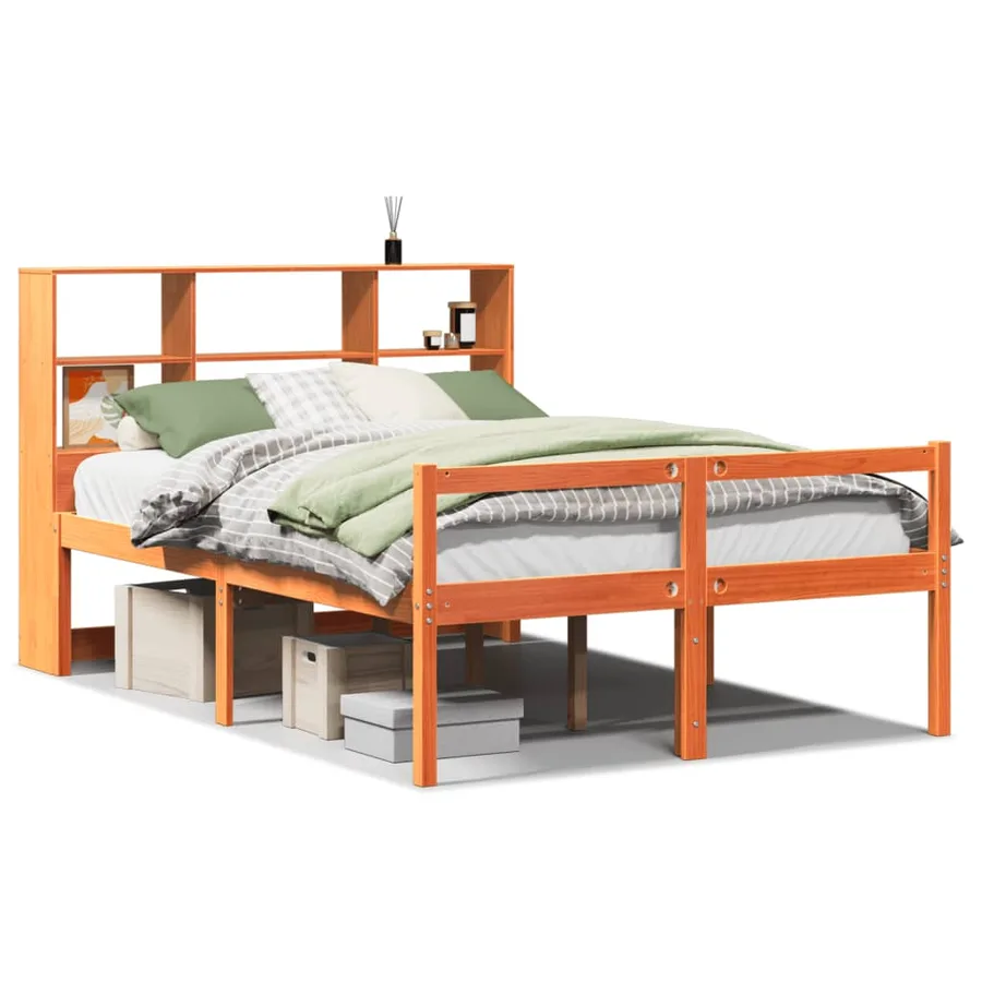 Lit bibliothèque sans matelas cire marron 160x200cm bois massif - 2