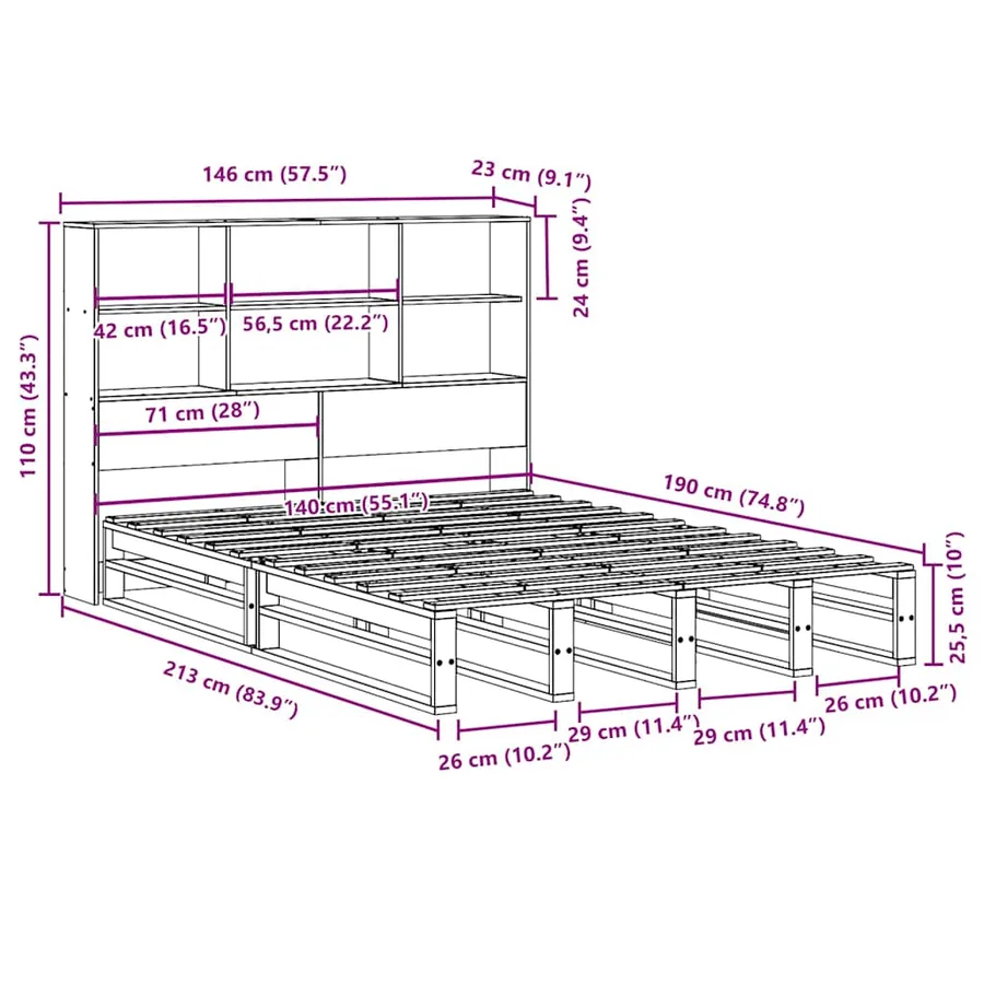 Lit bibliothèque sans matelas cire marron 140x190cm bois massif - 12