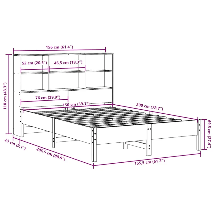Lit bibliothèque sans matelas cire marron 150x200 cm pin massif - 11