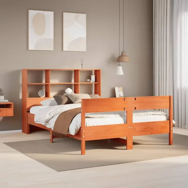 Lit bibliothèque sans matelas cire marron 150x200 cm pin massif