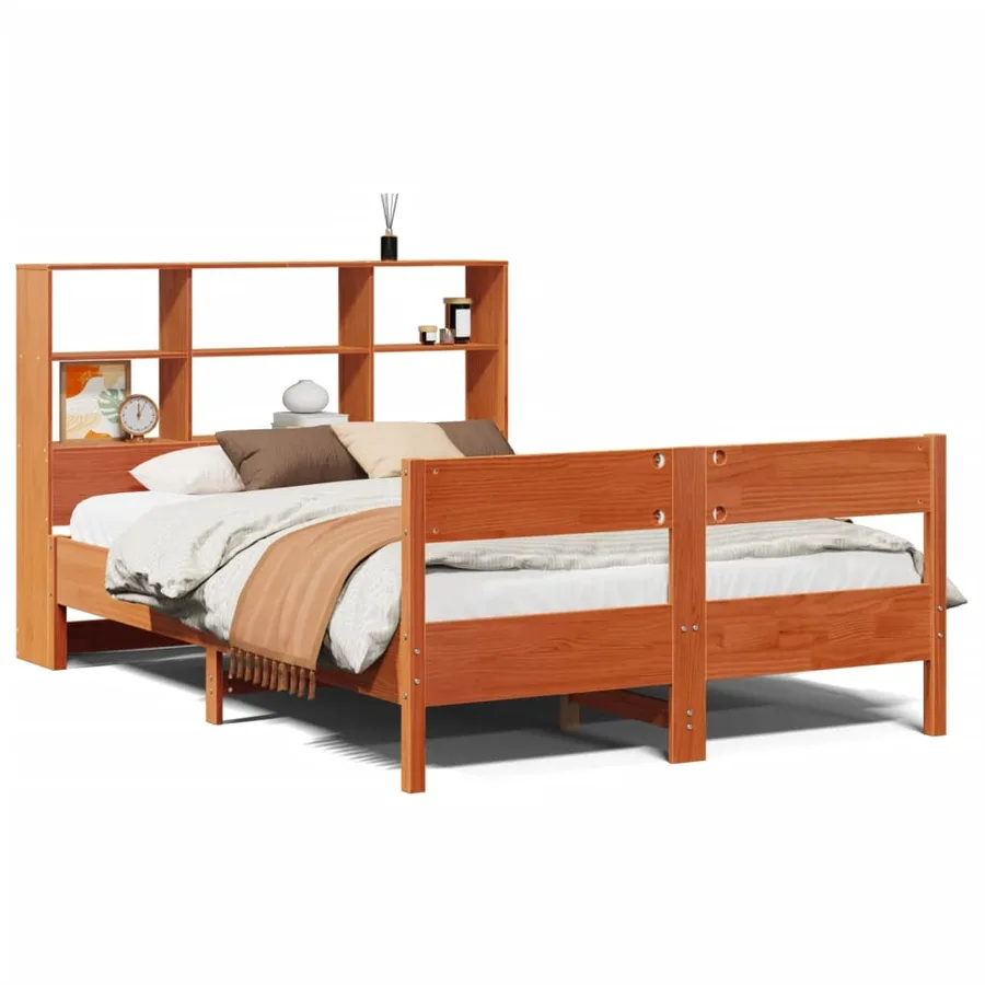 Lit bibliothèque sans matelas cire marron 150x200 cm pin massif - 2