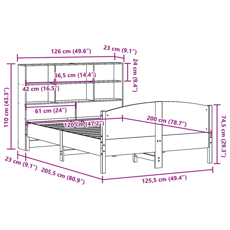 Lit bibliothèque sans matelas cire marron 120x200 cm pin massif - 12