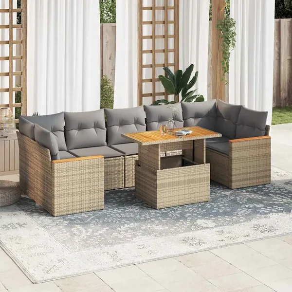 Salon de jardin avec coussins 8 pcs beige résine tressée acacia