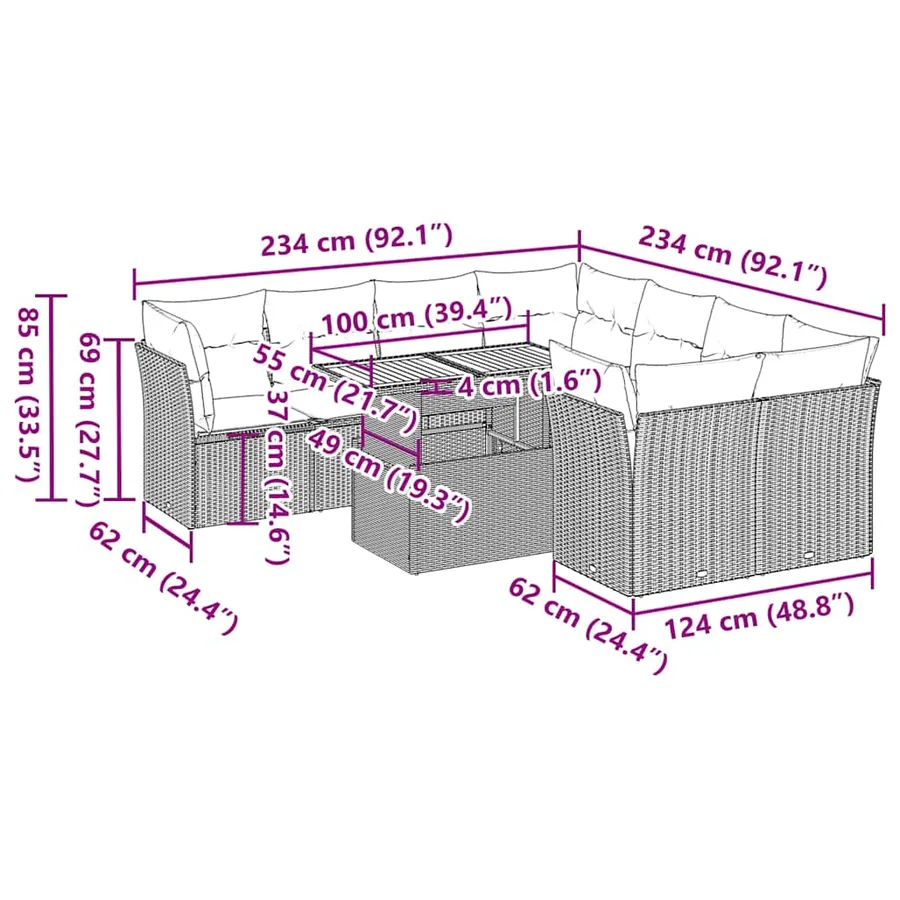 Salon de jardin avec coussins 9 pcs beige résine tressée - 11
