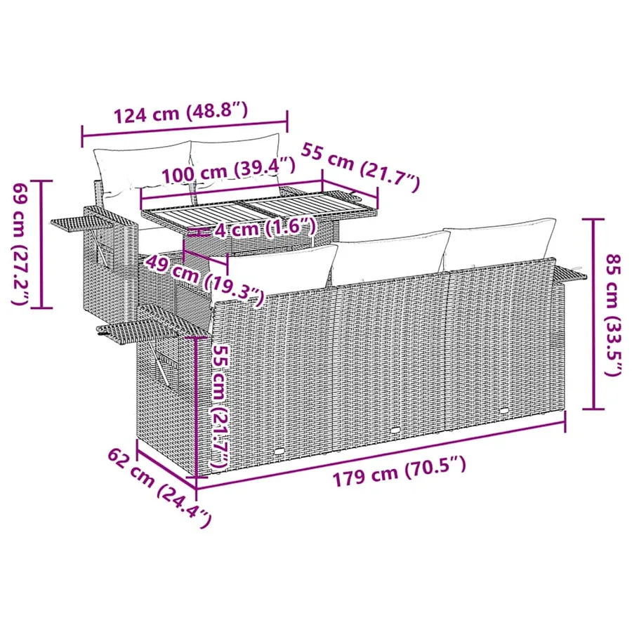 Salon de jardin 6 pcs avec coussins gris résine tressée - 13