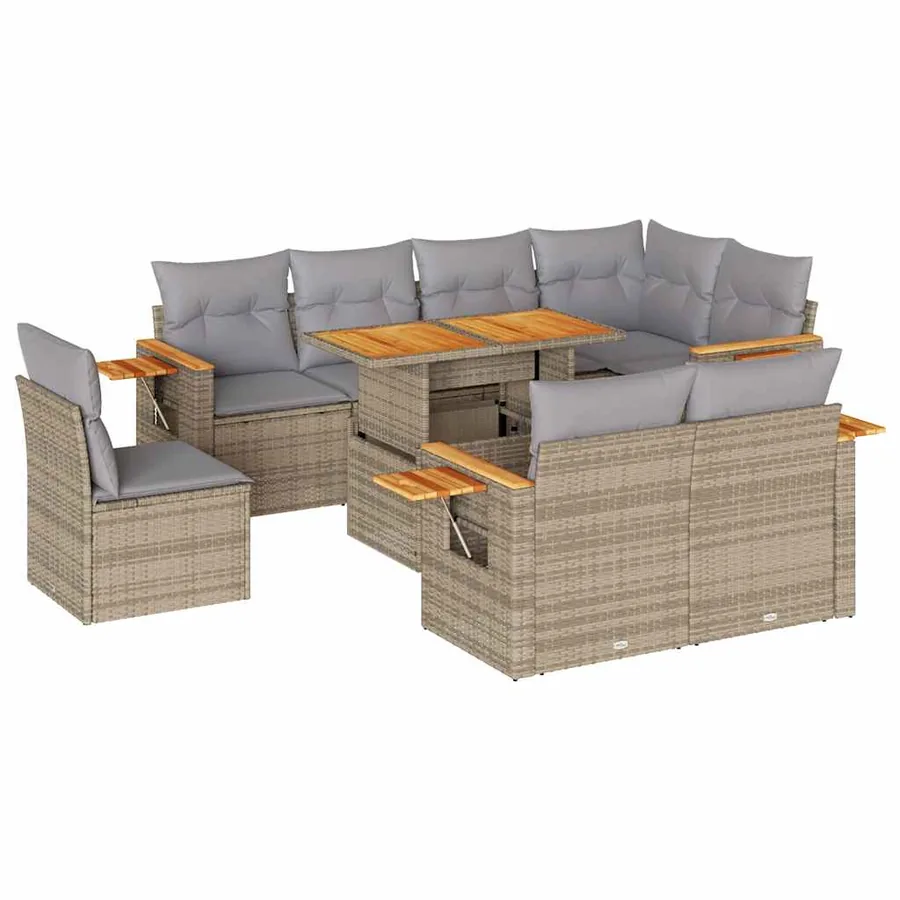Salon de jardin avec coussins 9 pcs beige résine tressée acacia - 2