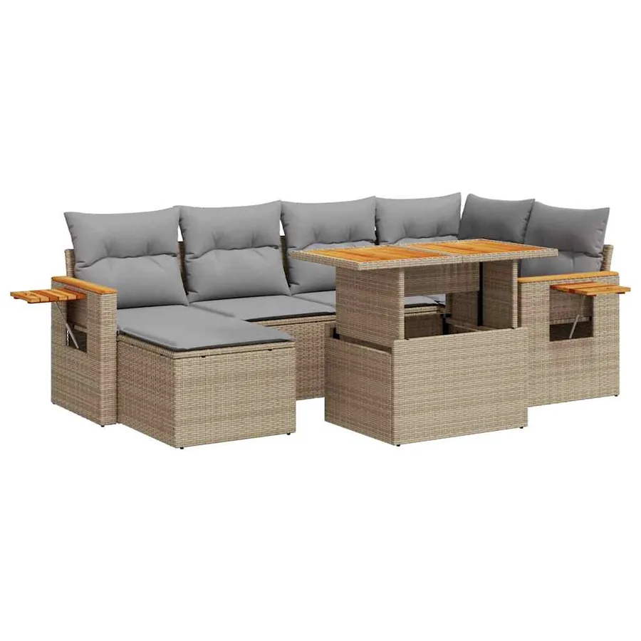 Salon de jardin avec coussins 7 pcs beige résine tressée acacia - 2
