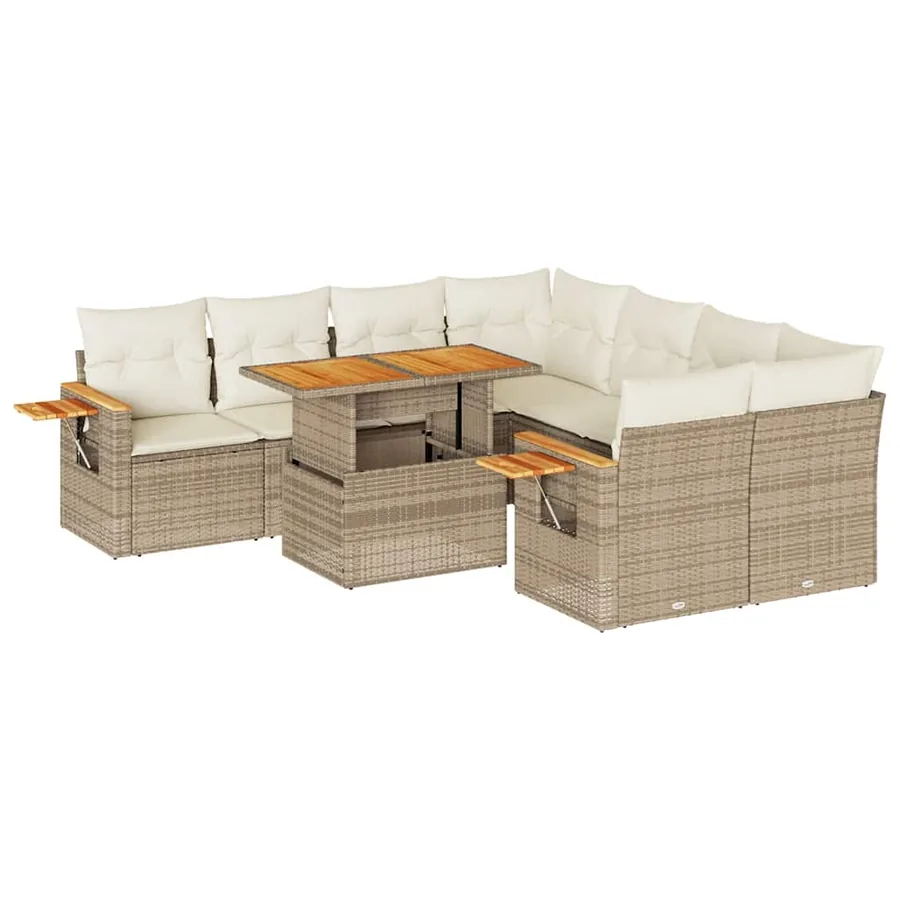 Salon de jardin avec coussins 9 pcs beige résine tressée acacia - 2