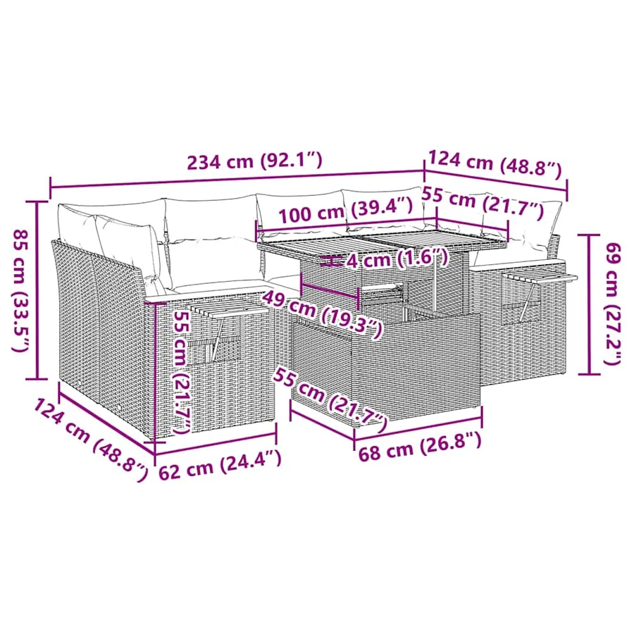 Salon de jardin avec coussins 7 pcs beige résine tressée acacia - 16
