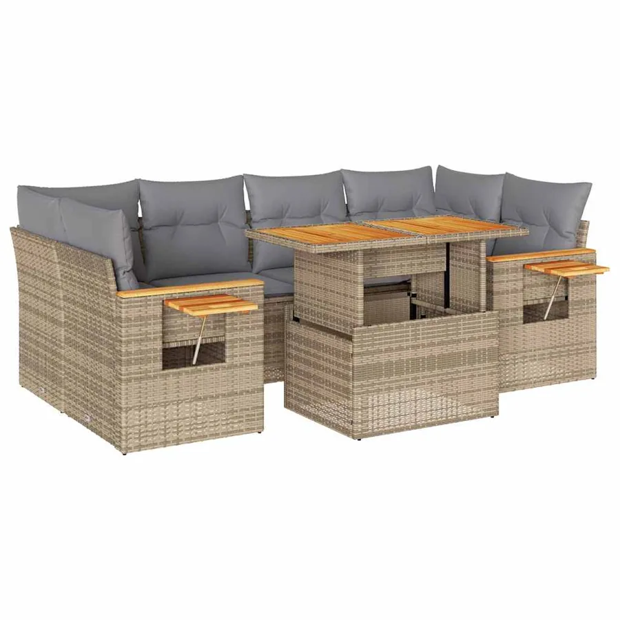 Salon de jardin avec coussins 7 pcs beige résine tressée acacia - 2