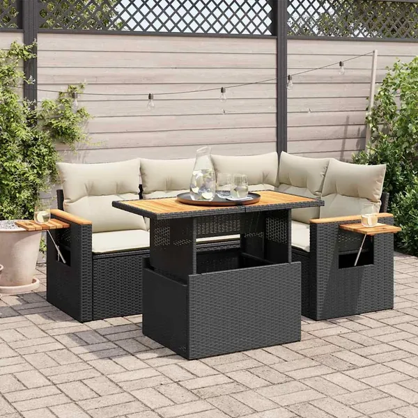 Salon de jardin 5 pcs avec coussins noir résine tressée acacia