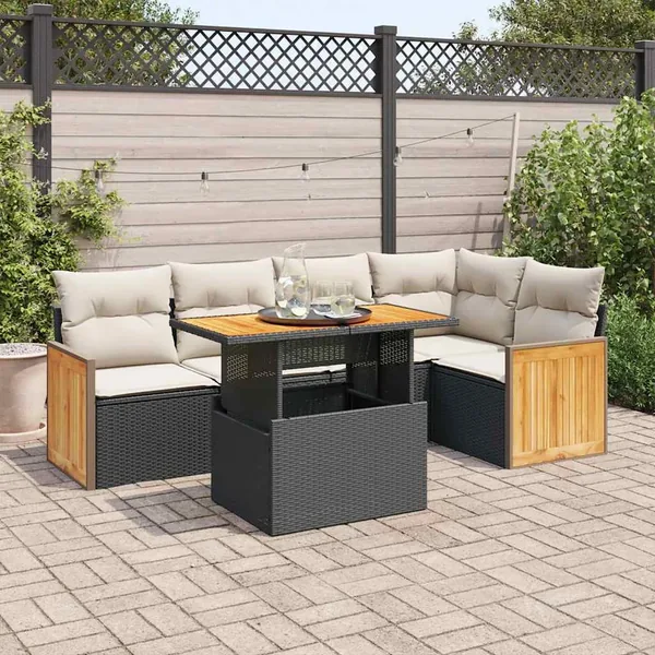 Salon de jardin 6 pcs avec coussins noir résine tressée acacia