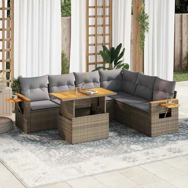 Salon de jardin avec coussins 7 pcs beige résine tressée acacia