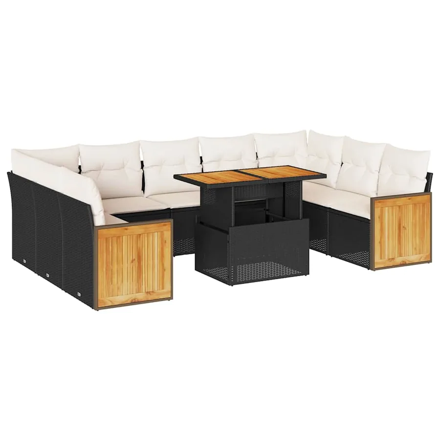 Salon de jardin 10 pcs avec coussins noir résine tressée acacia - 2