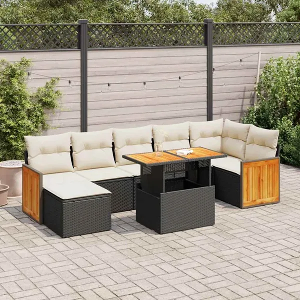 Salon de jardin avec coussins 8 pcs noir résine tressée acacia