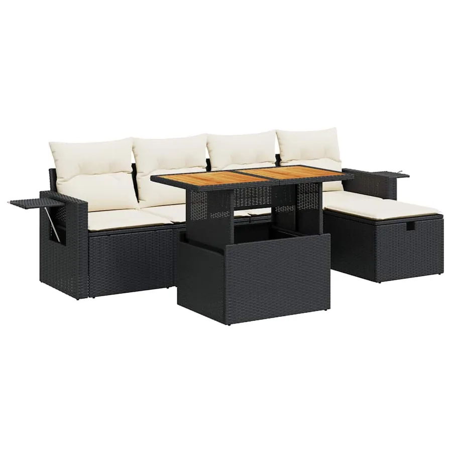 Salon de jardin 6 pcs avec coussins noir résine tressée acacia - 2