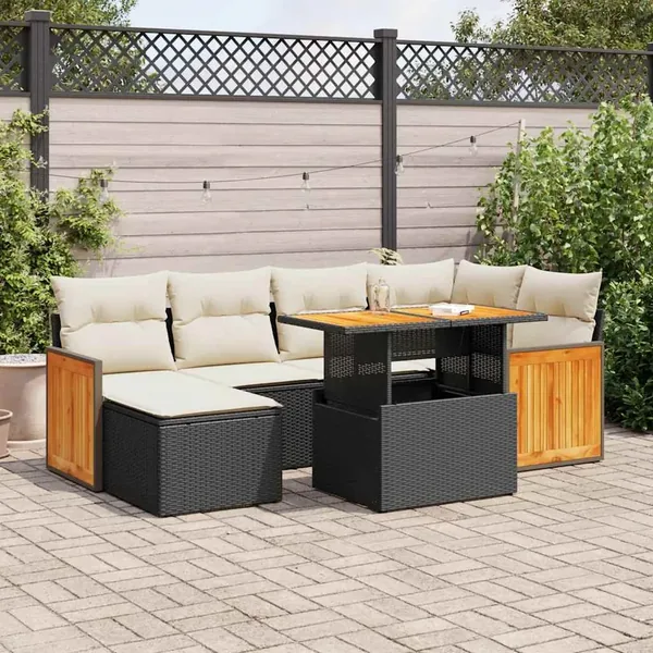 Salon de jardin avec coussins 7 pcs noir résine tressée acacia