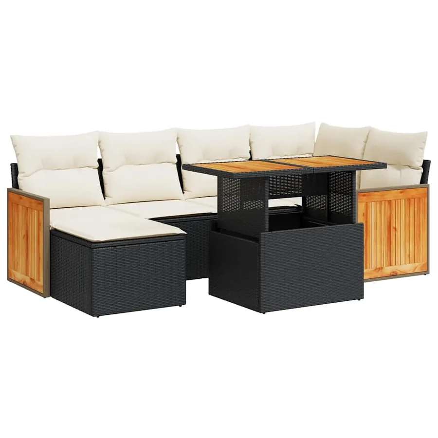 Salon de jardin avec coussins 7 pcs noir résine tressée acacia - 2