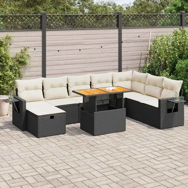 Salon de jardin avec coussins 9 pcs noir résine tressée acacia