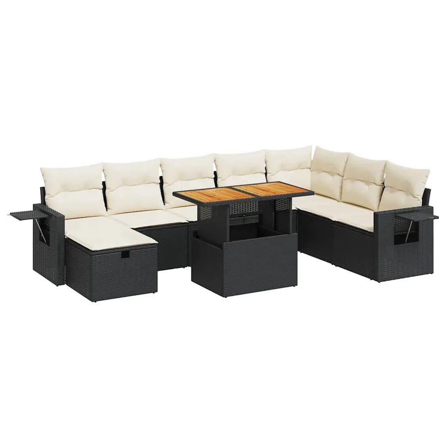 Salon de jardin avec coussins 9 pcs noir résine tressée acacia - 2