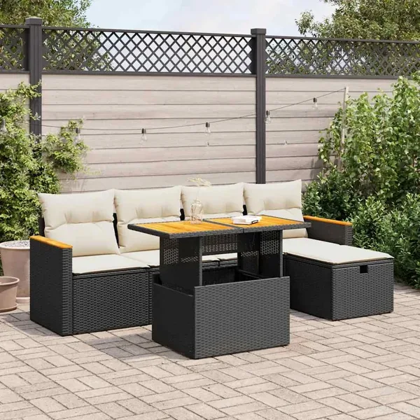 Salon de jardin 6 pcs avec coussins noir résine tressée