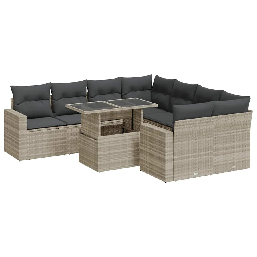 Salon de jardin 9 pcs avec coussins gris clair résine tressée - 2