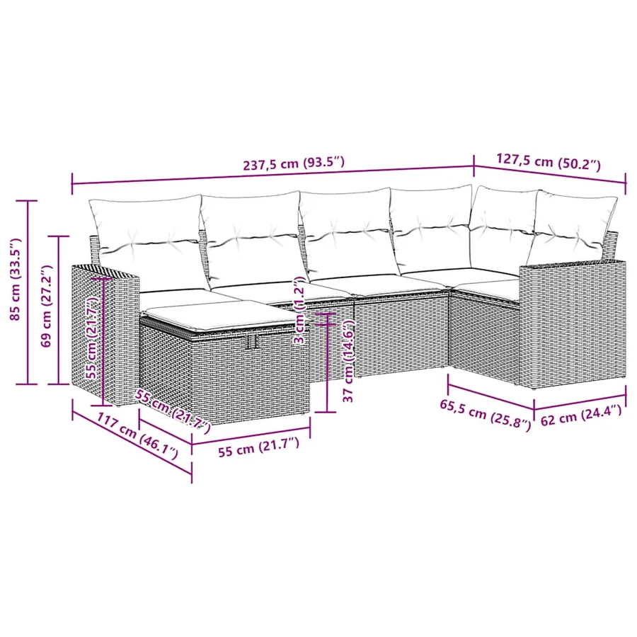 Salon de jardin 6 pcs avec coussins gris clair résine tressée - 14