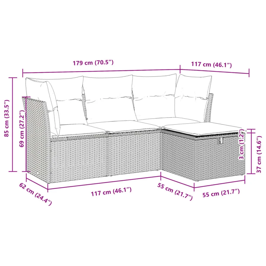 Salon de jardin 4 pcs avec coussins noir résine tressée - 11