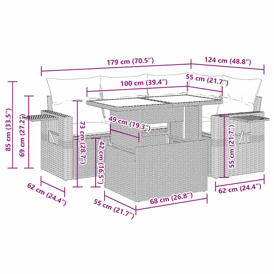 Salon de jardin 5 pcs avec coussins gris clair résine tressée - 14