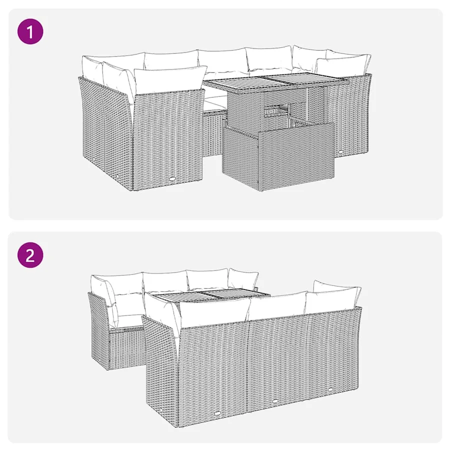 Salon de jardin 7 pcs avec coussins noir résine tressée 62 x 62 x 69 cm - 69,6 kg - 9