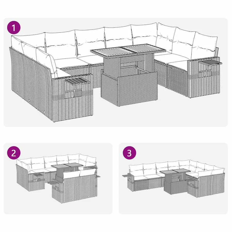 Salon de jardin 10 pcs avec coussins noir résine tressée - 12