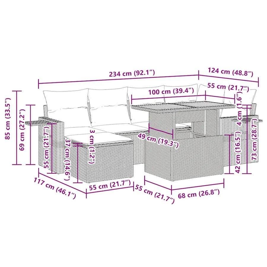 Salon de jardin 7 pcs avec coussins noir résine tressée 62 x 62 x 69 cm - 65,0 kg - 18