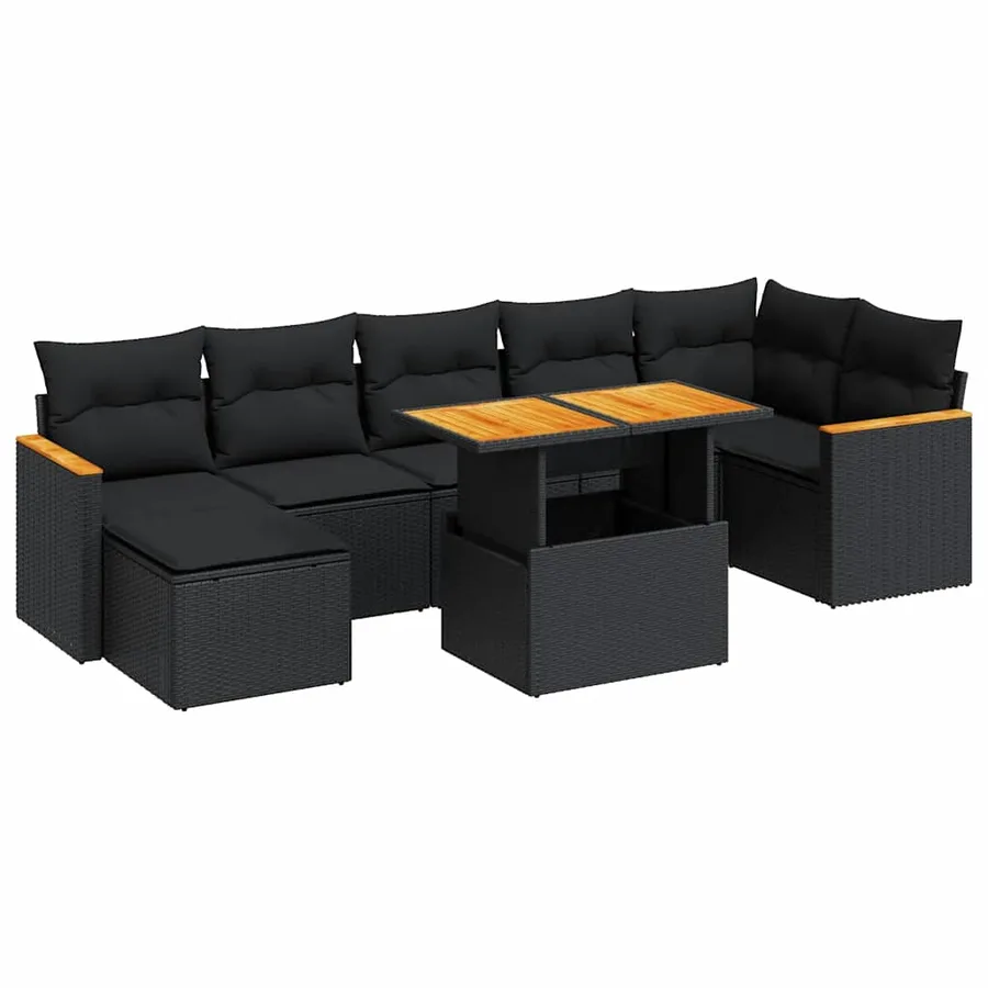 Salon de jardin avec coussins 8 pcs noir résine tressée acacia - 2