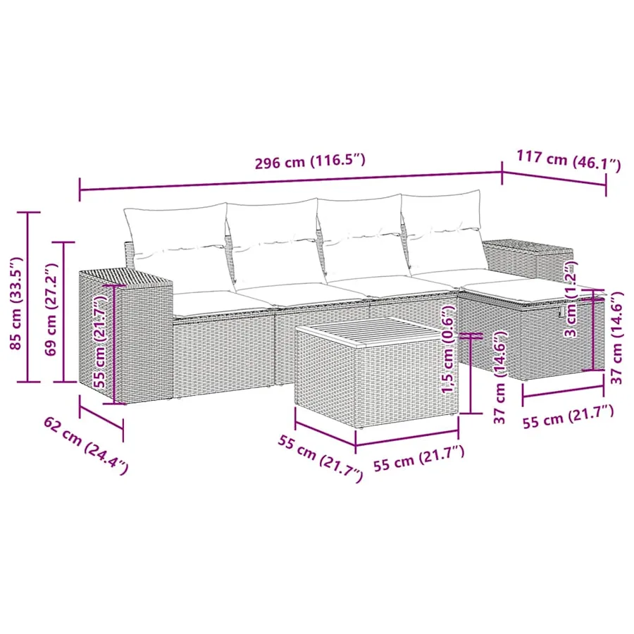 Salon de jardin 6 pcs avec coussins noir résine tressée - 12