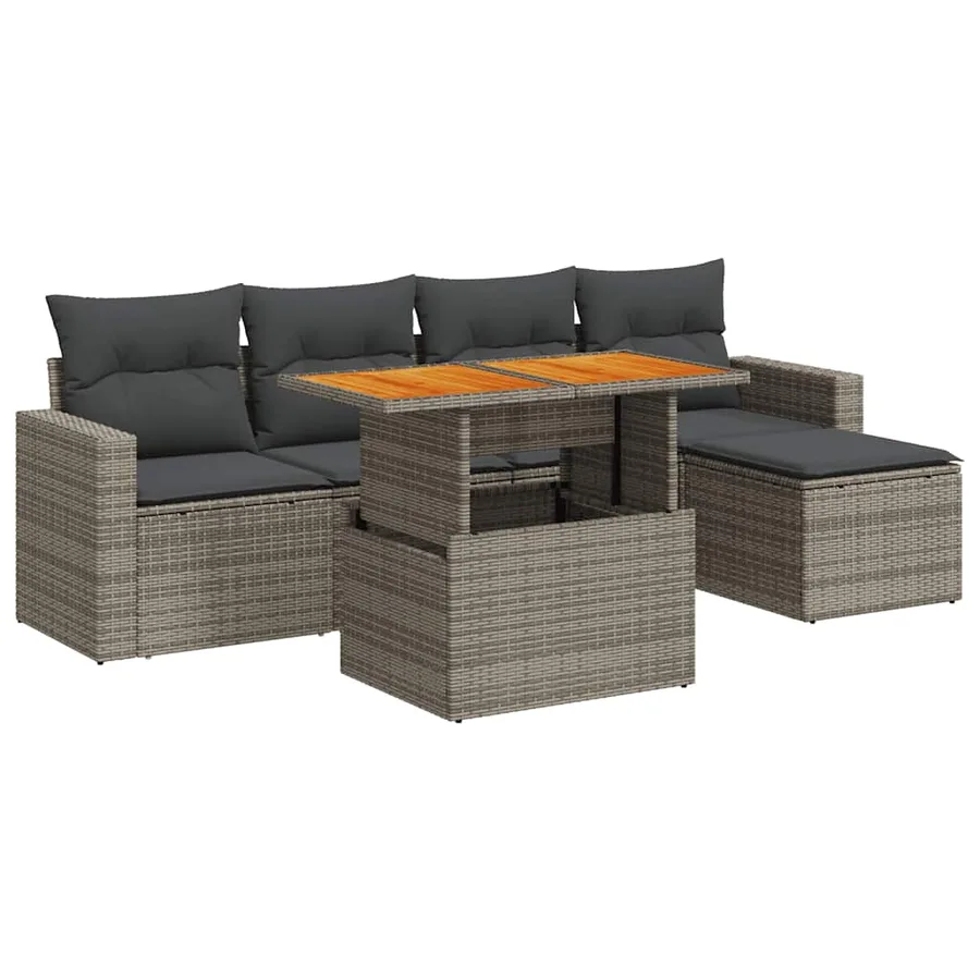 Salon de jardin 6 pcs avec coussins gris résine tressée - 2